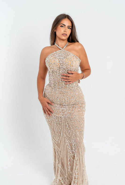Robe Livia Maison KALARA, robe de soirée sirène au col croisé brodé de cristaux, vue de face