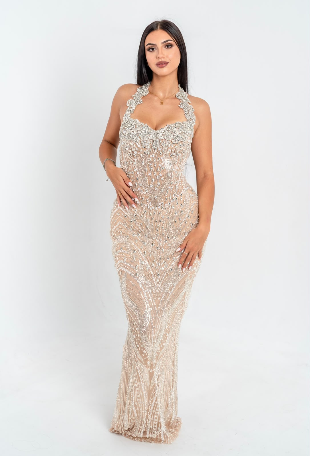 Robe Kenza Maison KALARA, robe de soirée sirène bustier brodé de cristaux, vue de face