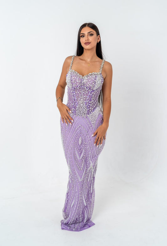 Robe Ariana Maison KALARA, robe de soirée sirène lavande brodée de cristaux, vue de face